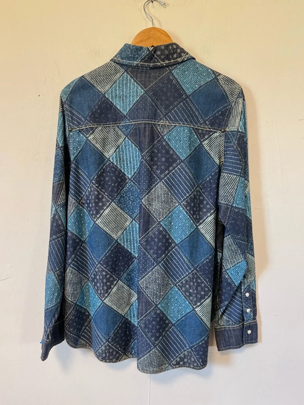 Double D Ranch Scrapbag Workshirt Patchwork Denim Shirt Pearl Snap Womens Large - Picture 7 of 10